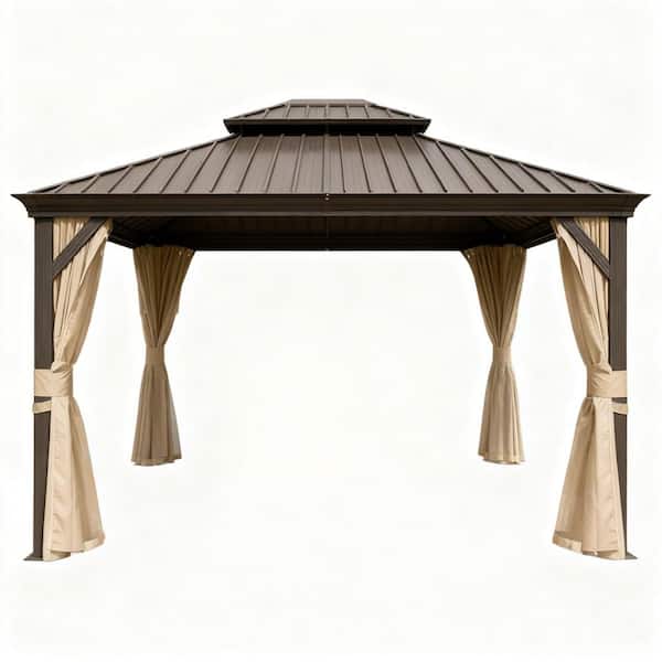 13 ft. x 15 ft. Brown Hardtop Galvanized Steel Metal Patio Gazebo with Netting and Curtains
