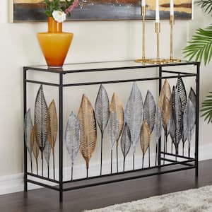 44 in. Black Extra Large Rectangle Metal Leaf Console Table with Mirrored Glass Top