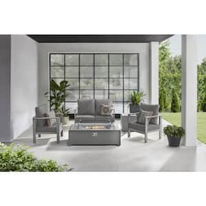 Settlers Notch Pewter 5-Piece Aluminum Outdoor Fire Pit Conversation Set with CushionGuard Plus Charcoal Cushions