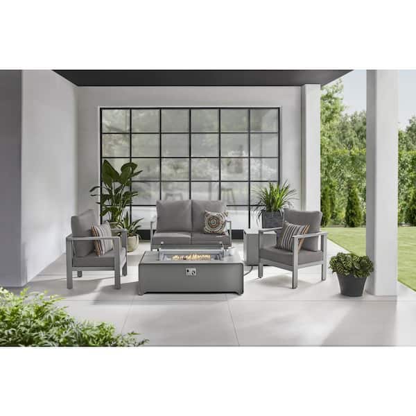Home Decorators Collection Settlers Notch Pewter 5-Piece Aluminum Outdoor Fire Pit Conversation Set with CushionGuard Plus Charcoal Cushions