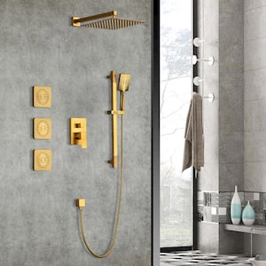 3 Spray 2 Lever Style Metal Handles Wall Mounted Fixed and Handheld Shower Head with Bodysprays and Slide Bar in Gold