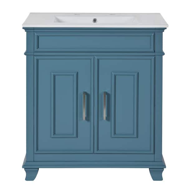 30 in. Single Sink Freestanding Blue Bath Vanity with White Ceramic Top, Storage Shelf, Adjustable Soft-Close Hinges