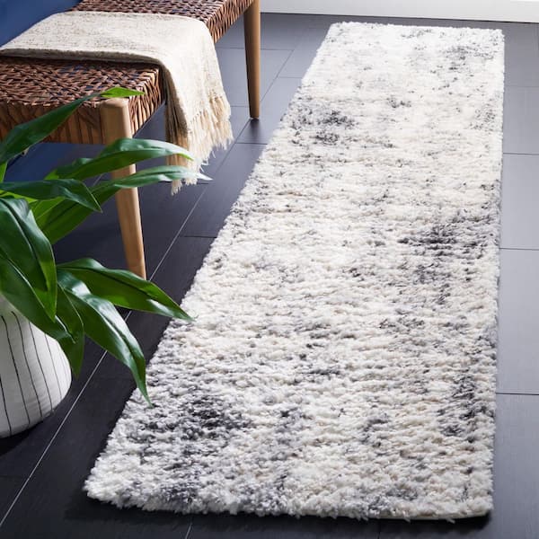Berber Shag 2 ft. x 9 ft. Ivory/Gray Monochrome Abstract Runner Rug