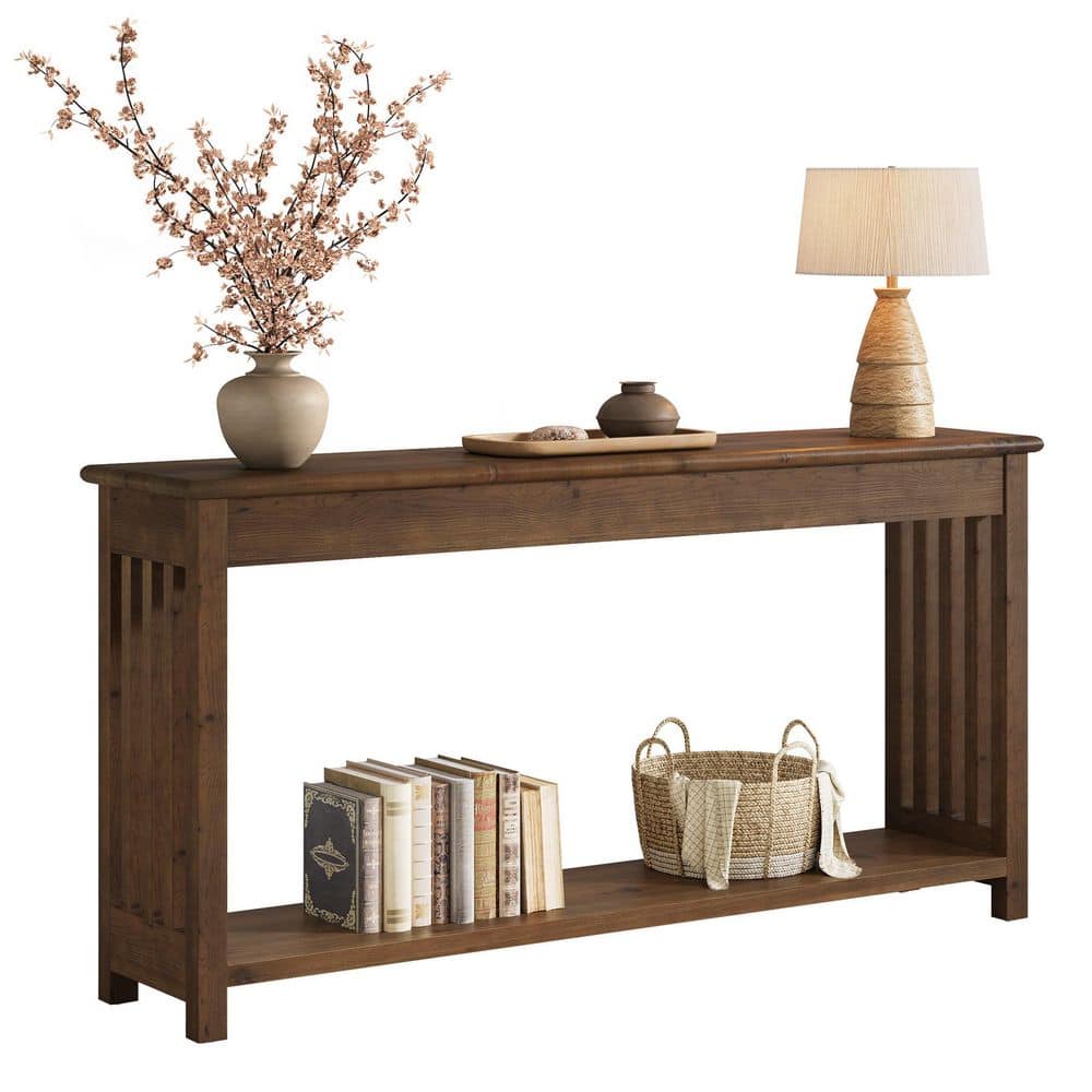 BYBLIGHT Turrella 63 in. Dark Walnut Rectangle Solid Wood Console Table ...