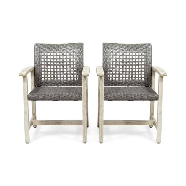 Hampton Light Grey Patio Acacia Wood Outdoor Wicker Dining Chair(2-Pack)