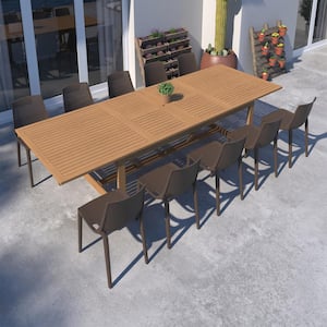 Fiji 11-Piece Eucalyptus Wood and Resin Patio Rectangular Outdoors Dining Table Set Ideal for, with Teak Finish, Brown