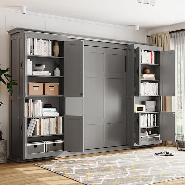 Gale Gray Wood Frame Queen Size Murphy Bed, Wall Bed with Dual Sliding Storage Cabinets, Dual 6-Tier Side Shelves
