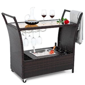 Rectangle Wicker Height 36 in. Outdoor Bistro Bar Serving Cart with wheels Table