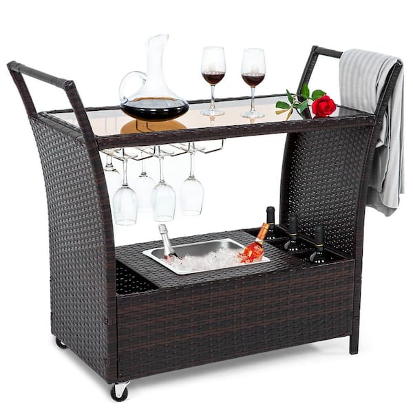 MIRAFIT Rectangle Wicker Height 36 in. Outdoor Bistro Bar Serving Cart with wheels Table
