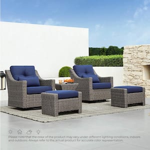 Thaddeus 5 Pieces Gray Fabric Chair Set with 2 Rocking Wicker Swivel Arm Chairs with Cusions,2 Ottomans and Side Table