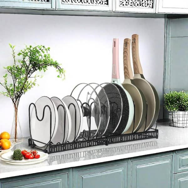 Numhew Black Expandable Standing Pot Rack, Pan Organizer, Pot Lid Holder with 10-Adjustable Compartment for Cabinet