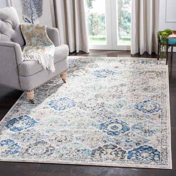 Madison Ivory/Aqua 4 ft. x 6 ft. Border Distressed Floral Area Rug