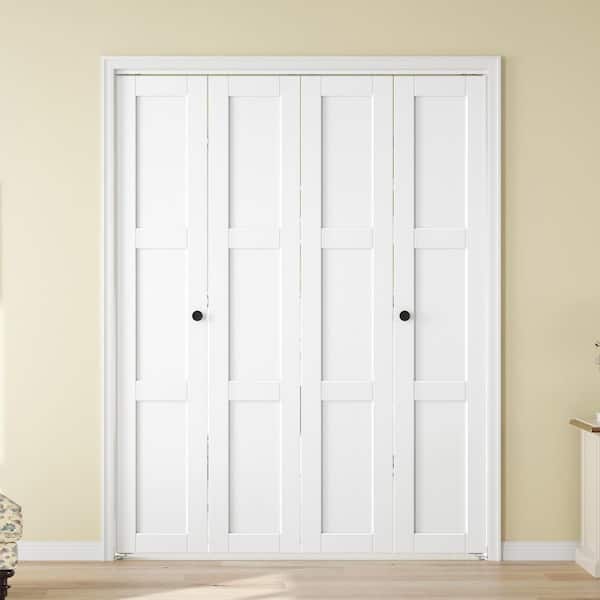 60 in. x 80 in. 3-Lite Solid Core Panel White Finished MDF Wood Bi-Fold Door with Hardware