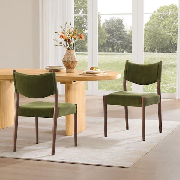 Josephine Moss green Antique Walnut Chenille Upholstered Solid Rubber Wood Dining Chair with Levelers, Set of 2