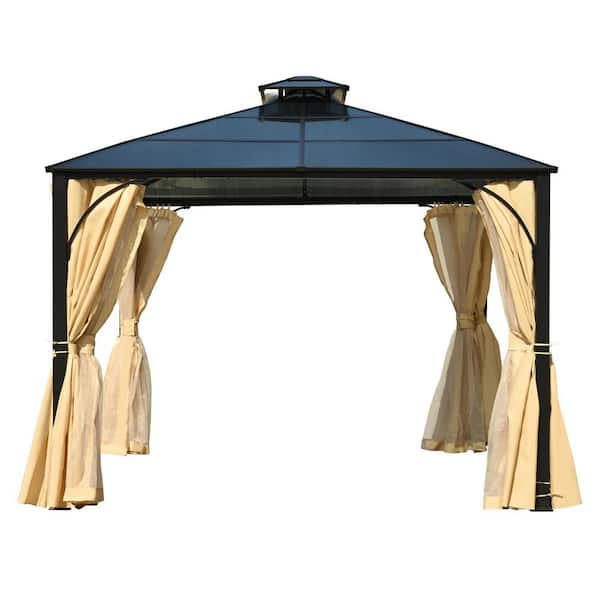 10 ft. x 10 ft. Beige Hardtop Outdoor Gazebo with Polycarbonate Roof Aluminum Frame Mosquito Netting Privacy Screen