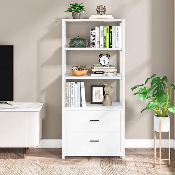 Bookcase, 4-Tier White Bookshelf with 2 Drawers, Etagere Standard Book Shelves Display Shelf for Home Office (White) Latitude Run