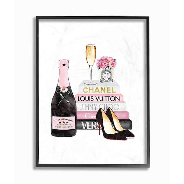 Stupell Industries "Fashion Designer Wine Shoes Bookstack Pink Watercolor " by Amanda Greenwood Framed Abstract Wall Art 24 in. x 30 in.