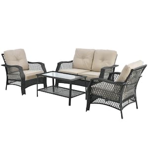 4-Piece PE Wicker Patio Conversation Set Outdoor Sofa Set with Beige Cushions