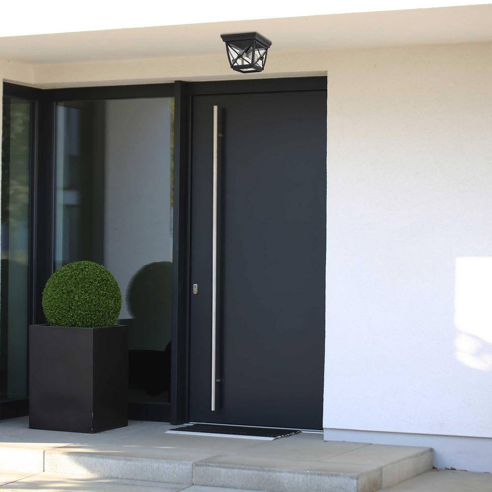 Black Steel and Glass Outdoor Flush Mount Ceiling Light