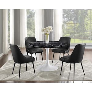 Colfax 45 in. Round Black Marble Table with White Base and 4 Black Upholstered Chairs