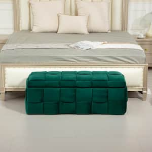 Cina Green Upholstered Velvet Storage Ottoman Bench with Safety Hinge, Rubberwood Frame