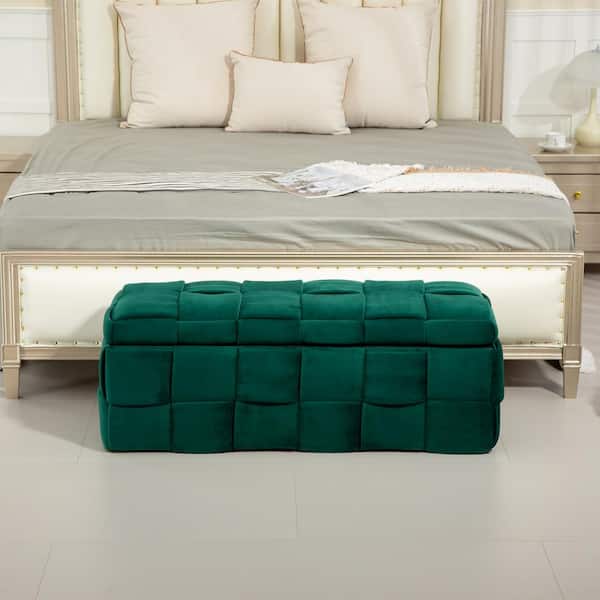 Noble House Cina Green Upholstered Velvet Storage Ottoman Bench with Safety Hinge, Rubberwood Frame