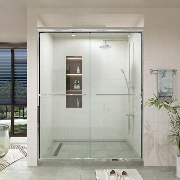TaiMei Eclipse 60 in. W x 72 in. H Sliding Semi-Frameless Shower Door in Chrome Finish with Clear Glass