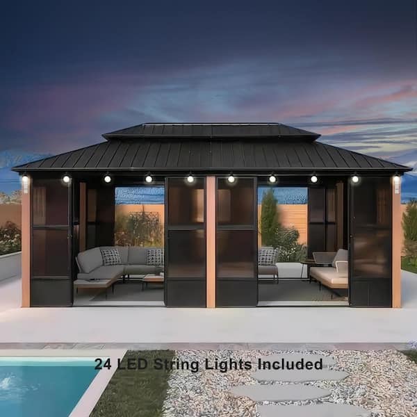 Hardtop Gazebo 12 ft. x 20 ft. Brown Aluminum Sunroom Gazebo with Double Top, Mesh Screens & 24 Lights