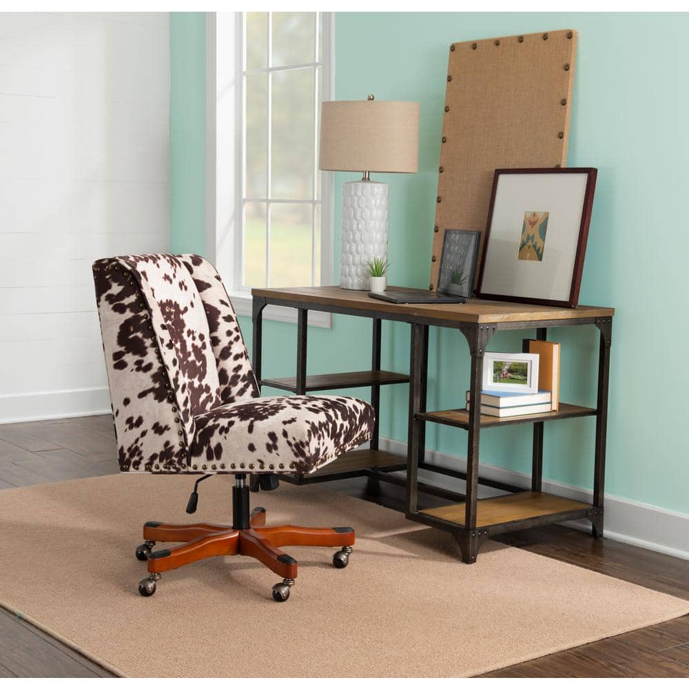 Alex Cow Print Fabric Adjustable Height Swivel Office Desk Task Chair in Walnut with Wheels