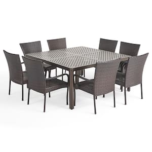 Bullpond Gloss Black and Multibrown 9-Piece Metal and Faux Rattan Square Table Outdoor Dining Set