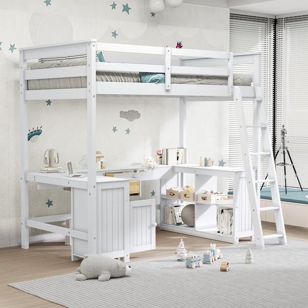 Qualler White Full Size Loft Bed with U-Shaped Desk and Storage Shelves