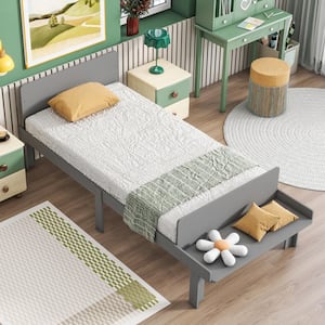 Modern Gray Wood Frame Twin Size Platform Bed with Footboard Bench