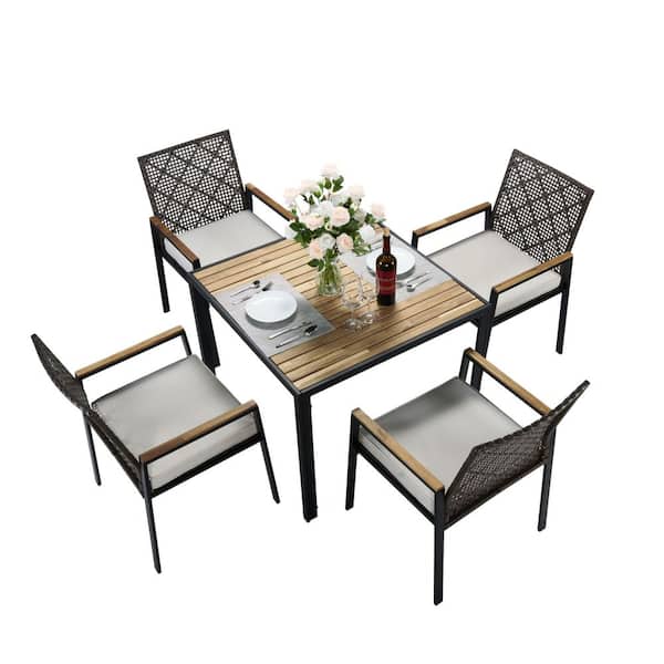 5-Piece Acacia Wood Outdoor Dining Table Set with White Cushions and Umbrella Hole, Dark Brown, All-Weather Performance