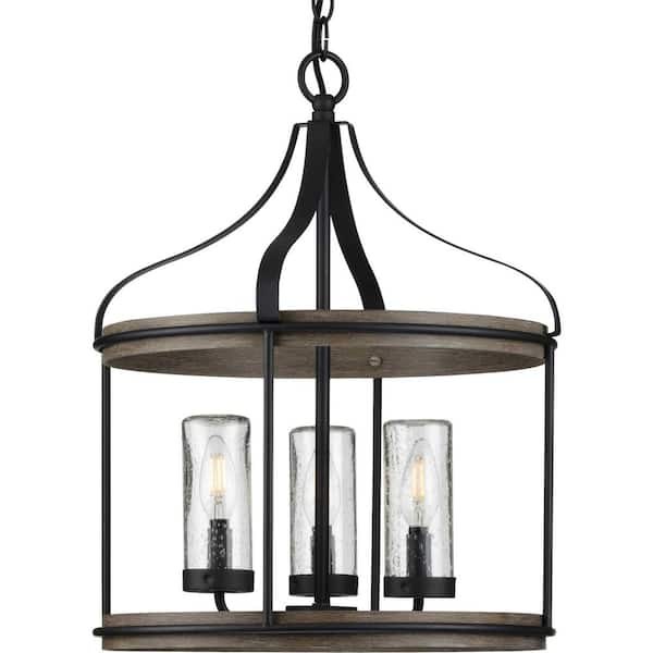 Progress Lighting Brenham Collection 3-Light Matte Black Clear Seeded Glass Farmhouse Indoor Pendant Light
