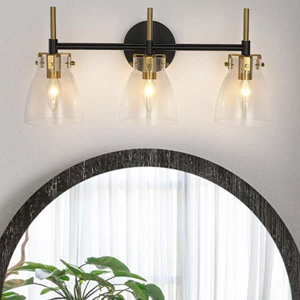Nimbus 21.7 in. W 3-Light Matte Black Bathroom Vanity Light Modern Wall Light with Bell Clear Glass for Bedroom