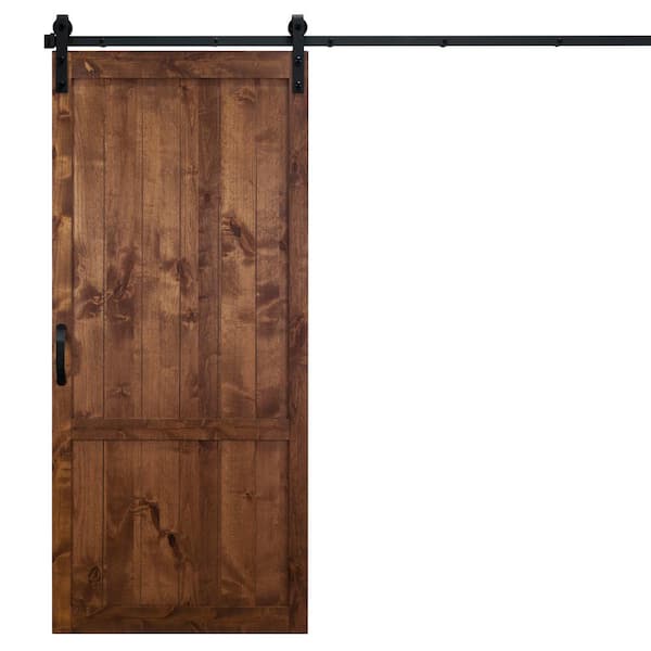 Unbranded 42 in. x 84 in. Country Vintage Walnut Alder Wood Interior Barn Door Slab with Sliding Door Hardware Kit