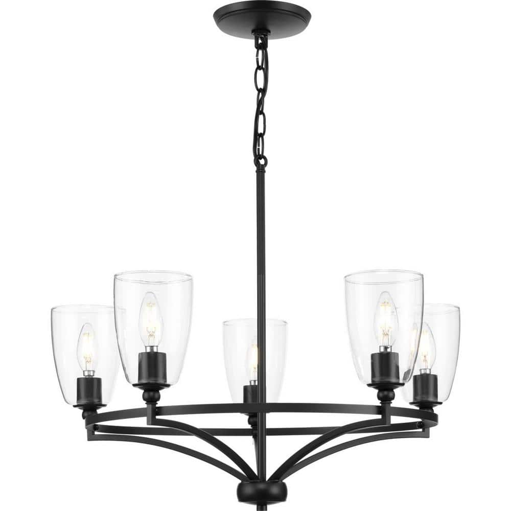 Matte Black Five-Light Chandelier with Clear Glass Shades