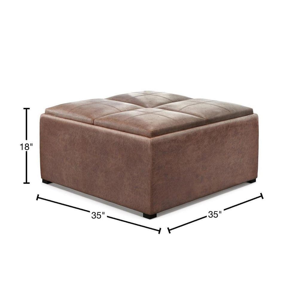 Avalon 35" Distressed Umber Brown Faux Leather Square Storage Ottoman