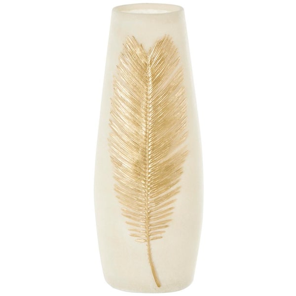 Litton Lane 16 in. Cream Polystone Leaf Decorative Vase with Gold Leaf Relief