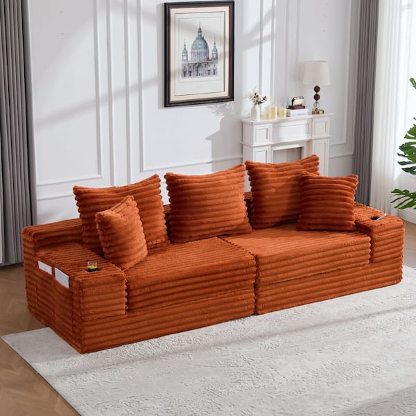 Irixa 107.48 in. Square Arm Corduroy Upholstered Rectangle Convertible Sofa Bed in Orange with Memory Foam