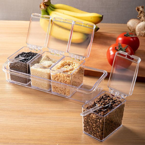 4 Pieces Clear Acrylic Seasoning Box Set with Covers and Spoons Spice Pot Storage Containers for Kitchen Counter Use