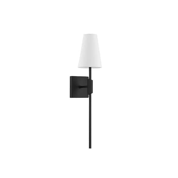 Savoy House Meridian 5 in. W x 24 in. H 1-Light Matte Black Transitional Wall Sconce with White Linen Fabric Shade