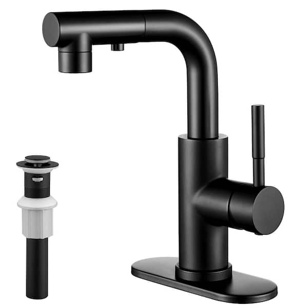 Single Handle Pull Down 3 Modes Sprayer Bathroom Sink Faucet with Deckplate Included and Pop-up Drain in Matte Black