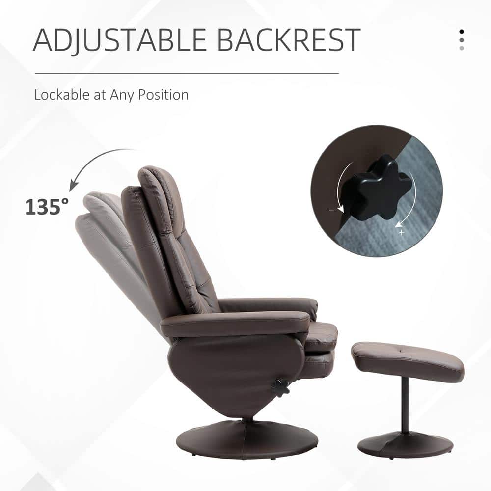 Swivel Brown Faux Leather Recliner with Ottoman and Metal Base