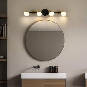27.6 in. Modern 4-Light Black Integrated LED Bathroom Vanity Light, Brass Gold Wall Sconce with Round Shade