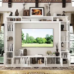 4-Piece White Wood Entertainment Center TV Stand with Tempered Glass Doors, TV Console, Bookshelves for TVs up to 73 in.