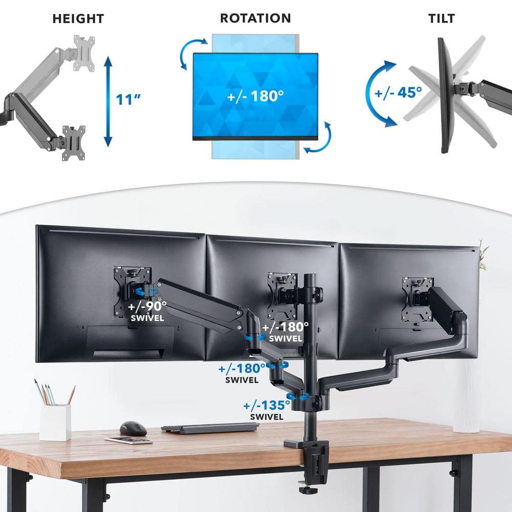 Black Triple Monitor Desk Mount with Gas Spring Arms