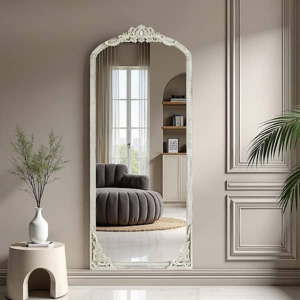 White 27 in. W x 66 in. H Right Angled Micro Arched Solid Wood Carved Full Length Mirror (No Bracket)