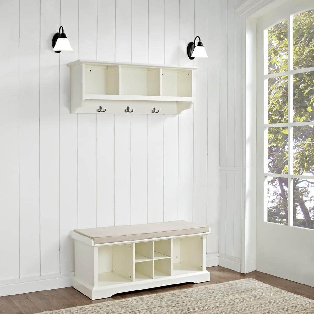 Minimalist Rustic White Entryway Storage Bench with Plinth Base