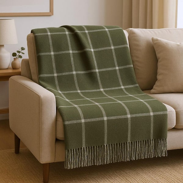 Olive Green, White Plaid Cotton Blend Throw Blanket